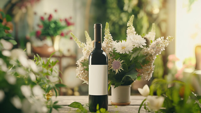 Mockup background for wine or sauce bottle in a room of soft lighting, flowers, and greenery. Contemporary and sophisticated look to add logo or graphic on label. Great for marketing or event. 
