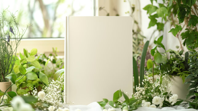 Mockup background for white book in room of soft lighting, flowers, greenery. Contemporary sophisticated look to showcase writer author product. Great for author launch, marketing, promotion, event. 