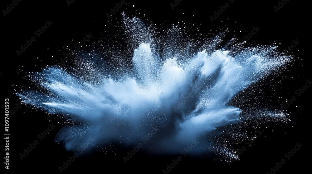 Poster Abstract blue powder explosion on a black background, showcasing dynamic movement and texture.