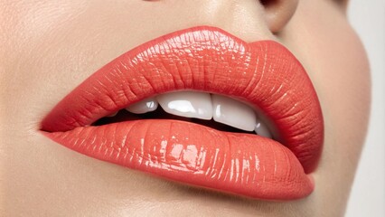 A vibrant coral lip color takes center stage in this closeup. The playful bite on the lower lip gives a sense of flirtation and warmth while the glossy finish reflects light making
