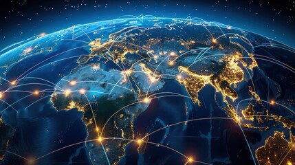 A digital representation of Earth with illuminated networks and connections.