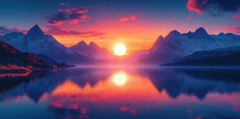Majestic Sunset Over Serene Mountain Lake Landscape