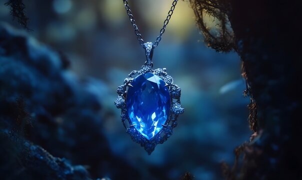 Mystical blue gemstone pendant necklace in dark forest. (1)