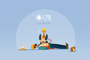 Foreman does CPR to unconscious worker. First aid and emergency rescue at industrial, construction site. Safety first, medical help concept.
