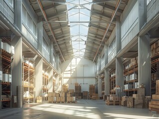 Obraz premium A spacious, well-lit warehouse interior filled with shelves and stacked boxes, showcasing a modern industrial environment.