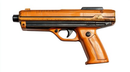 Fototapeta premium Nail gun with orange body and black accents, isolated on white background