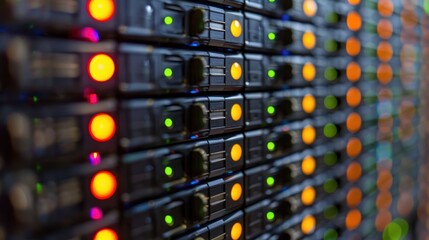 A close-up view of server racks with illuminated status indicators.