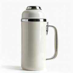 A sleek, white thermos with a metallic finish, designed for keeping beverages hot or cold, featuring a secure lid and a sturdy handle.