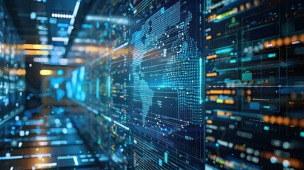 A futuristic digital landscape depicting data flow and global connectivity.