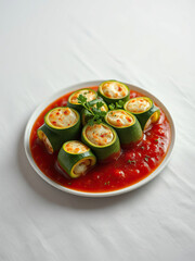 Green zucchini rolls filled with cheese and served in a pool of tangy marinara sauce, serving, table, gourmet food