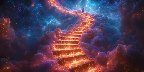 Obraz premium Person ascends fiery stairs to heaven amidst cosmic clouds.