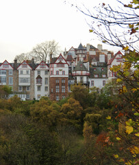 town houses in edinburgh with lush greenery in the forefront and a white sky