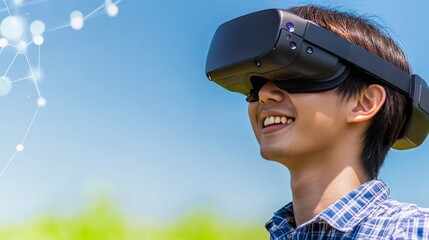 Smiling young man in checkered shirt wearing a VR headset set against a digital overlay of connected nodes and blue sky representing agricultural data integration and futuristic farming