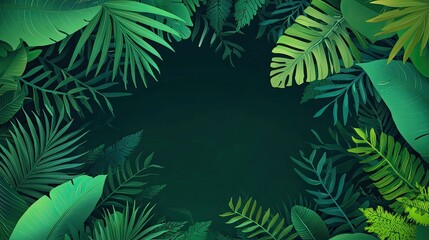 Lush Tropical Foliage Border with Dark Green Background