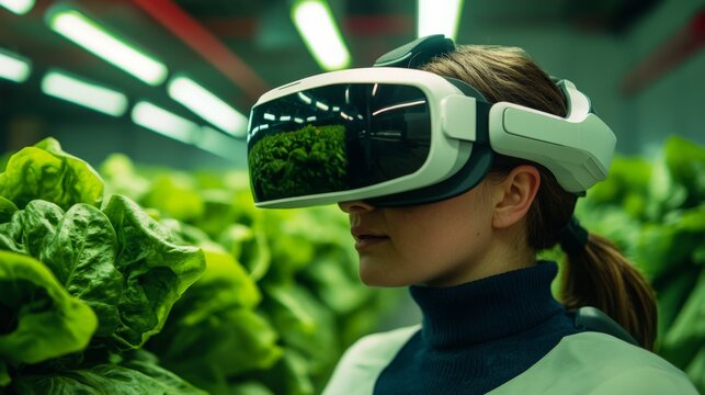 Woman wearing a VR headset examining fresh lettuce in an illuminated indoor farm representing the convergence of urban agriculture and advanced immersive technologies in food production - Powered by Adobe