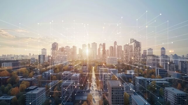 A futuristic city skyline with digital connections and a sunset backdrop.