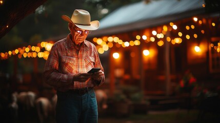 Obraz premium Cowboy holding a tablet under string lights in a rural outdoor setting at night symbolizing the adoption of digital tools for farm management and innovative solutions in agriculture