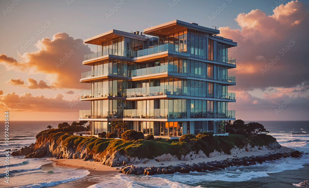 Leinwandbilder a large building with a lot of windows is on a small island in the ocean. the building is surrounded