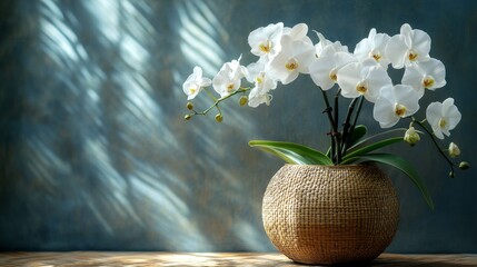 A white orchid is placed in a woven bamboo basket vase, highlighting the natural and elegant simplicity. The contrast between bamboo weaving texture and white orchid petals creates a serene design.