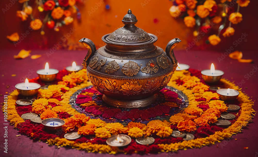 Poster a large brass pot with a gold lid sits on a red carpet with orange flowers and candles. the pot is s