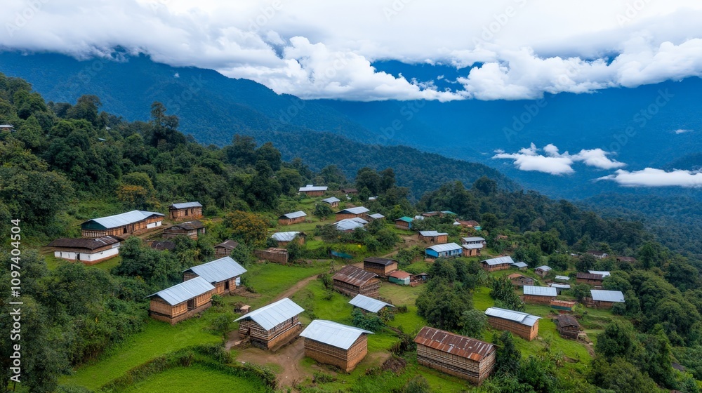 Poster Serene Mountain Village: An aerial view captures a picturesque village nestled in lush green mountains, with traditional houses dotting the hillside under a cloudy sky.