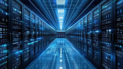 A futuristic data center filled with server racks and glowing technology.