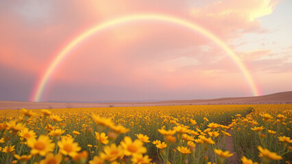 Magical rainbow arching over a field of blooming yellow wildflowers in the desert, wildflowers, field, yellow