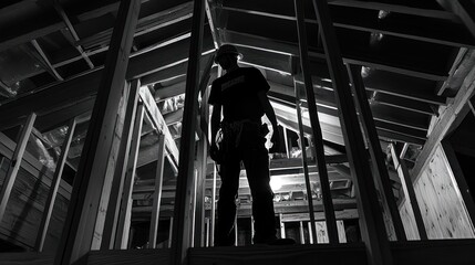Construction Worker Silhouette Inside Building Frame