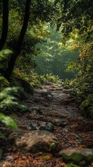 Naklejka premium Sunlit Forest Trail: A Serene Walk Through Nature