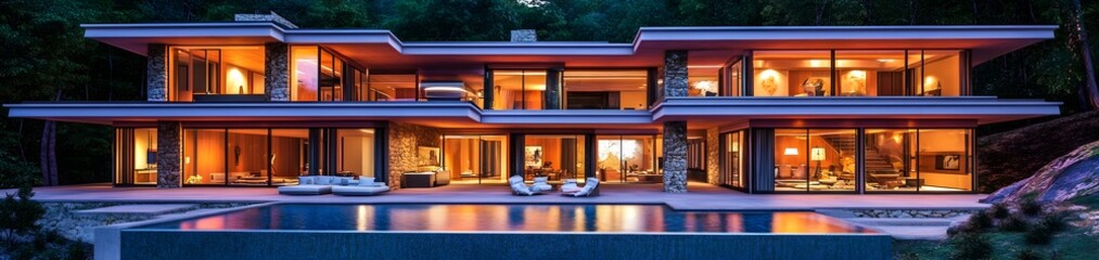 Modern luxury home with large windows and a pool, illuminated at night.