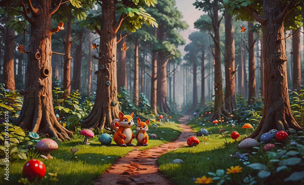 Poster A serene forest scene with three foxes standing on a path surrounded by mushrooms and butterflies. Scene is calm and tranquil, as the animals seem to be enjoying their time in the woods