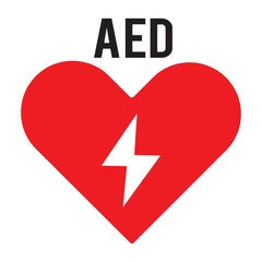 Red and white vector graphic of a CPR/AED indicating a defibrillator device located close by