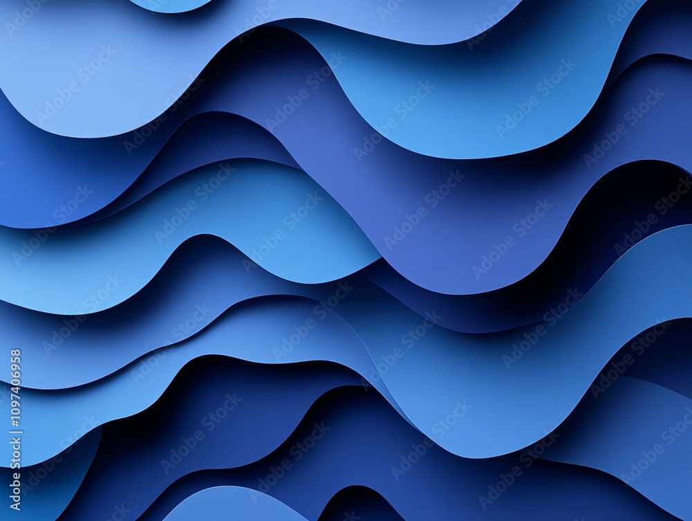 Poster Abstract waves in various shades of blue create a dynamic, layered paper-like texture.