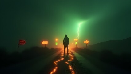 Fototapeta premium A silhouette at a glowing crossroads with signs in distinct colors. Light footprints lead toward a radiant horizon, symbolizing choices and new opportunities.