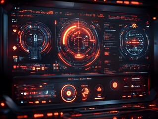 Obraz premium Futuristic digital interface with glowing red elements and data displays.