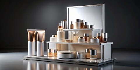 A sleek and modern cosmetics product advertising stand , Cosmetics, beauty, display, retail, marketing
