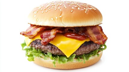 A juicy barbecue bacon cheeseburger with a beef patty, melted cheddar cheese, crispy bacon