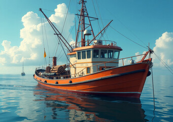 Fishing boat sailing on calm waters under a bright blue sky with clouds