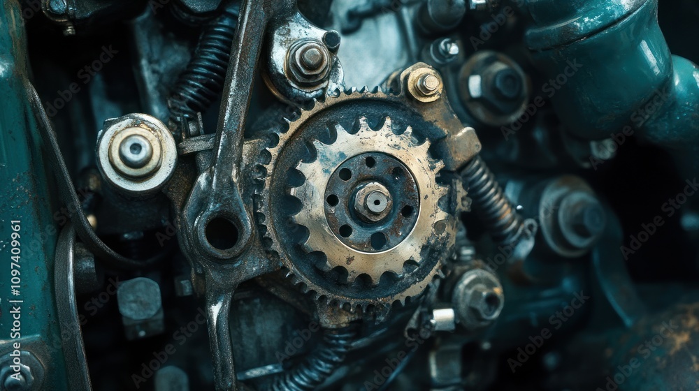 Poster closeup view of a rusty engine gear system