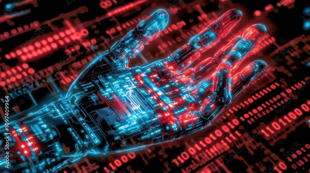 Fototapete Futuristic Robotic Hand Over Circuit Board Displaying Binary Code
