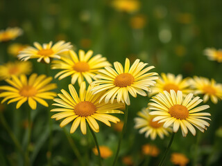 Obraz premium Vibrant yellow crown daisies swaying in the summer breeze, sunny day, chrysanthemum coronarium, summer garden, glebionis coronaria