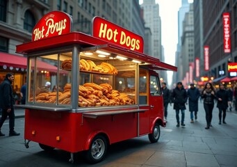 Vendor sells hot dogs from a bright red cart in a bustling city street