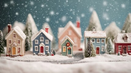 Fototapeta premium A nostalgic and cozy winter scene with adorable Christmas houses on a snowy street, evoking a sense of holiday cheer and community