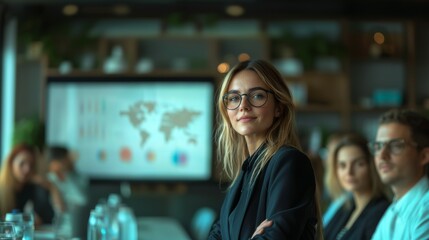 Fototapeta premium Young businesswoman giving a presentation in a meeting room, focus on a projected chart