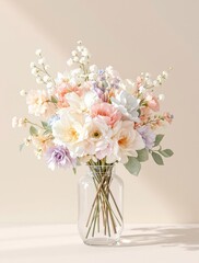 Fototapeta premium Watercolor floral wreath surrounding a vase with flowers in soft pastel colors, floral wreath, watercolor floral