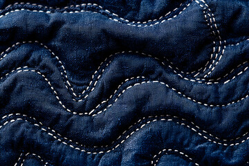 Sashiko Quilting Detail: Blue Denim Textile, Wave Stitch Pattern, Macro Photography