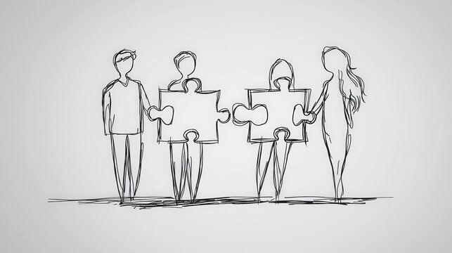 Black and white illustration of professionals exchanging puzzle pieces emphasizing teamwork cooperation and collaborative decision making in a minimalist setting