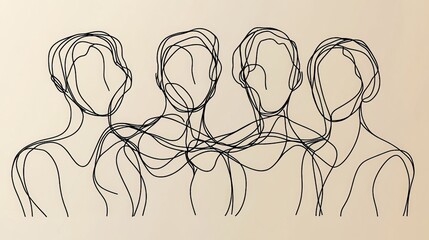 Abstract line art of connected faces representing unity communication and interpersonal relationships in a creative and minimalist conceptual design