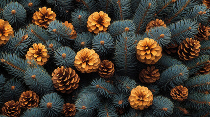 Fototapeta premium Lush evergreen branches adorned with golden pine cones create festive atmosphere, perfect for holiday decorations and seasonal celebrations