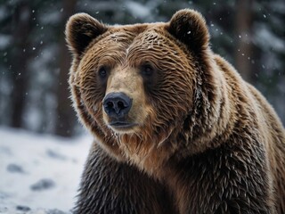Fototapeta premium Eurasian brown bear (Ursus arctos arctos) in the forest, bear in the snow, winter.